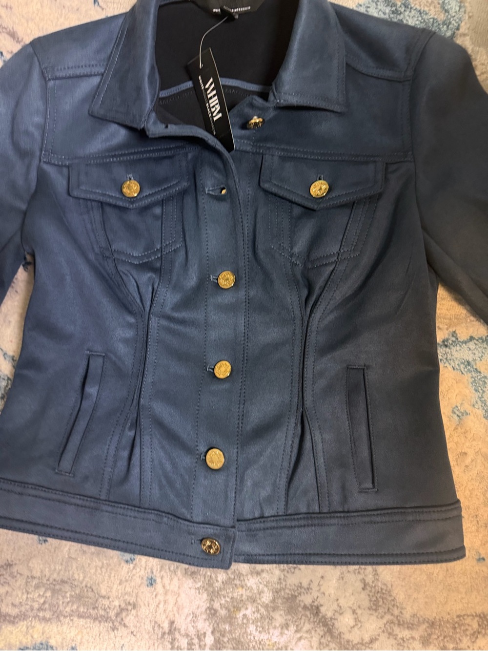 Women's Navy Button-Front soft ultra suede Jacket